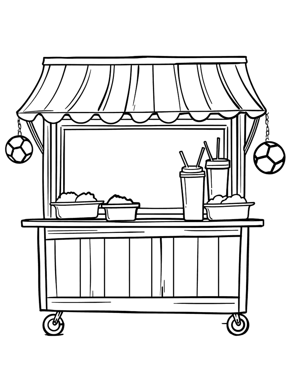 Stadium Concession Stand Soccer Coloring Page - A simple concession stand outside the soccer stadium, with snacks and drinks.