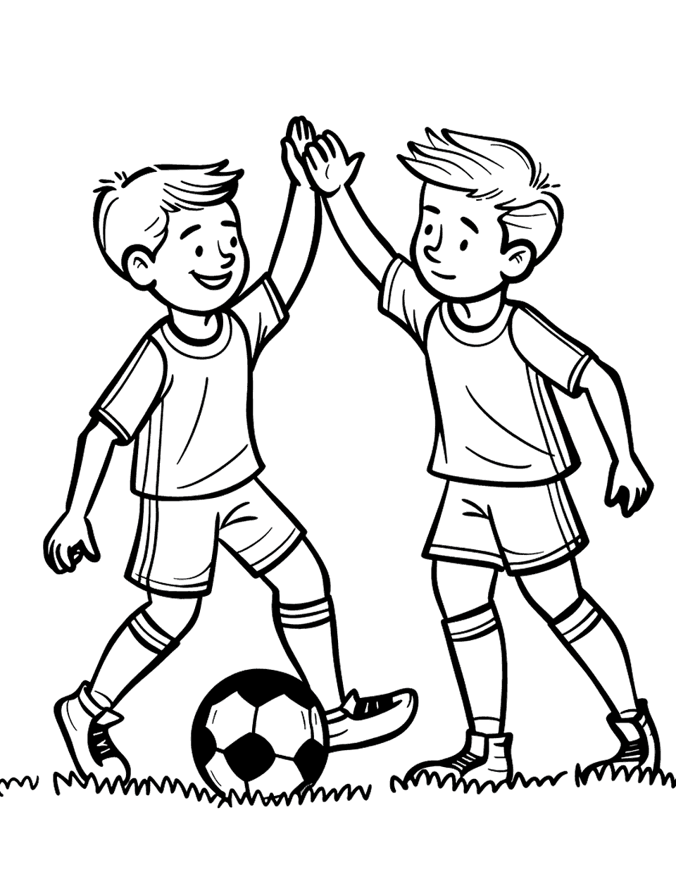 High-Five After a Goal Soccer Coloring Page - Two soccer players high-fiving each other after scoring a goal, with excitement.