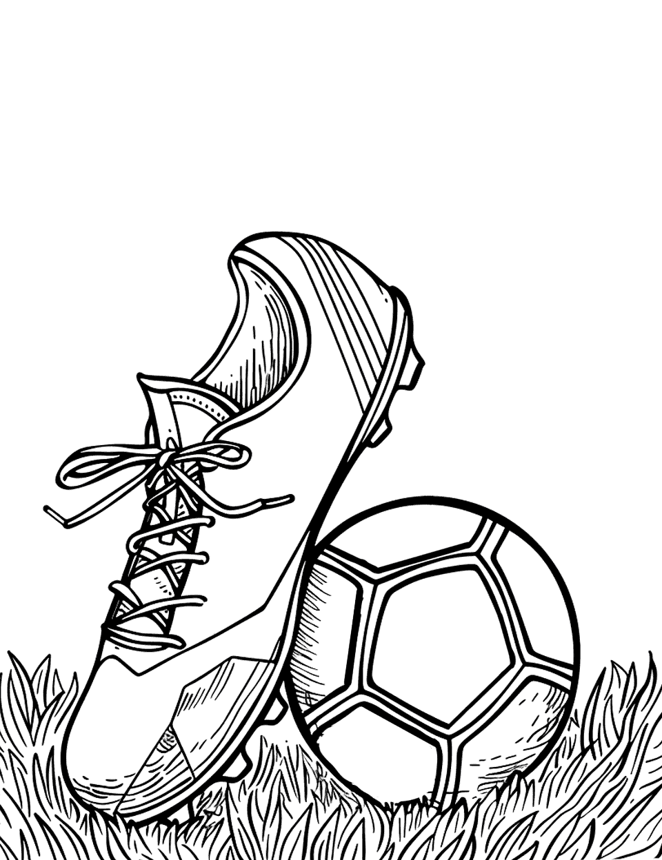 Soccer Cleat and Ball Coloring Page - A soccer cleat next to a soccer ball on the grass, ready for the game.