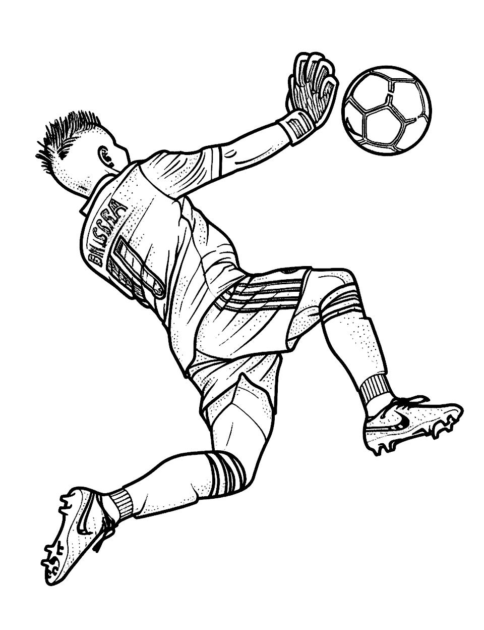 Goalkeeper Jumping for a Save Soccer Coloring Page - A goalkeeper in mid-air, stretching to catch the ball during a game.