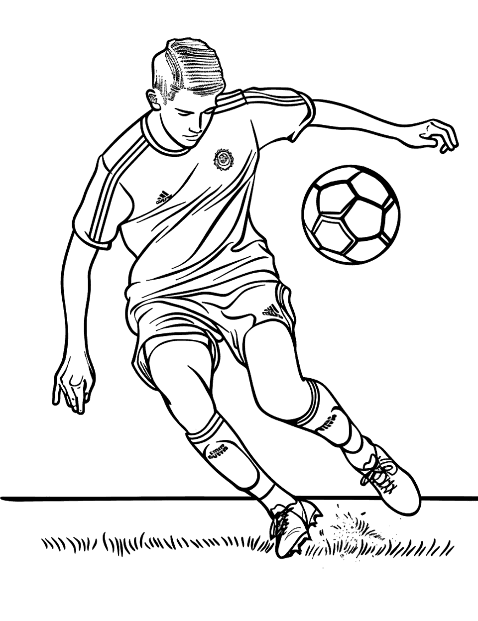 Midfield Battle for the Ball Soccer Coloring Page - A player in battle for control of the soccer ball in midfield.
