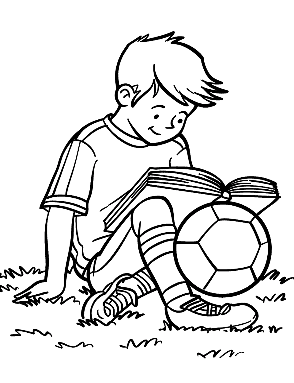 Studying Soccer Plays Coloring Page - A kid is sitting on the grass, studying a book of soccer plays and strategies.