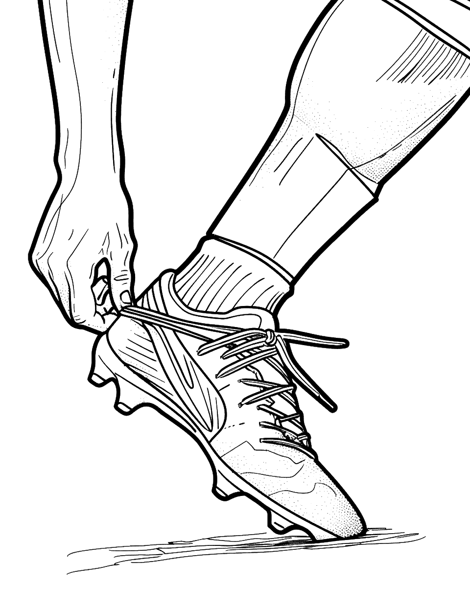 Soccer Cleat Tying Coloring Page - A close-up of a player tying their soccer cleat lace, getting ready to play.