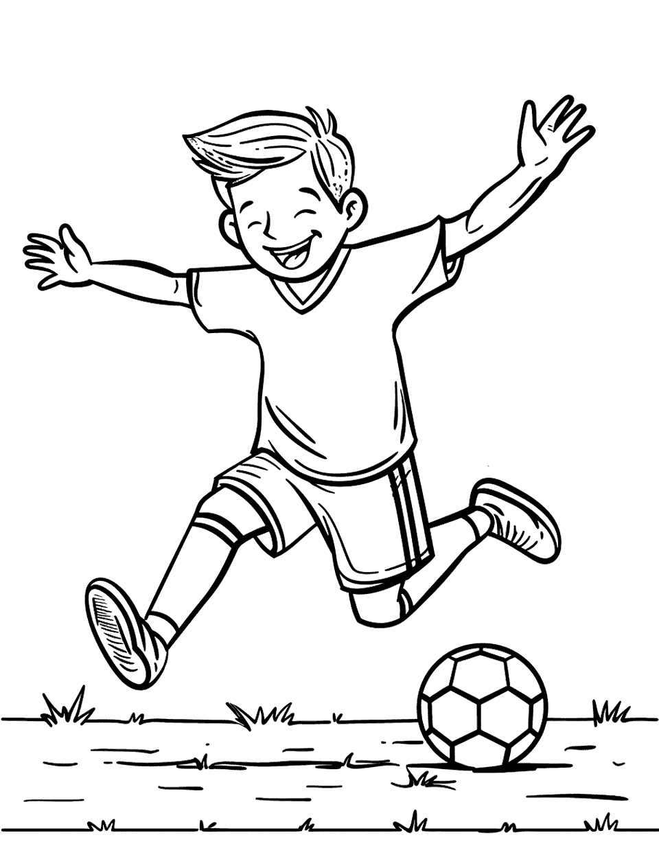 Youth Soccer Goal Celebration Coloring Page - A young player celebrating a goal by running with arms wide open, smiling broadly.