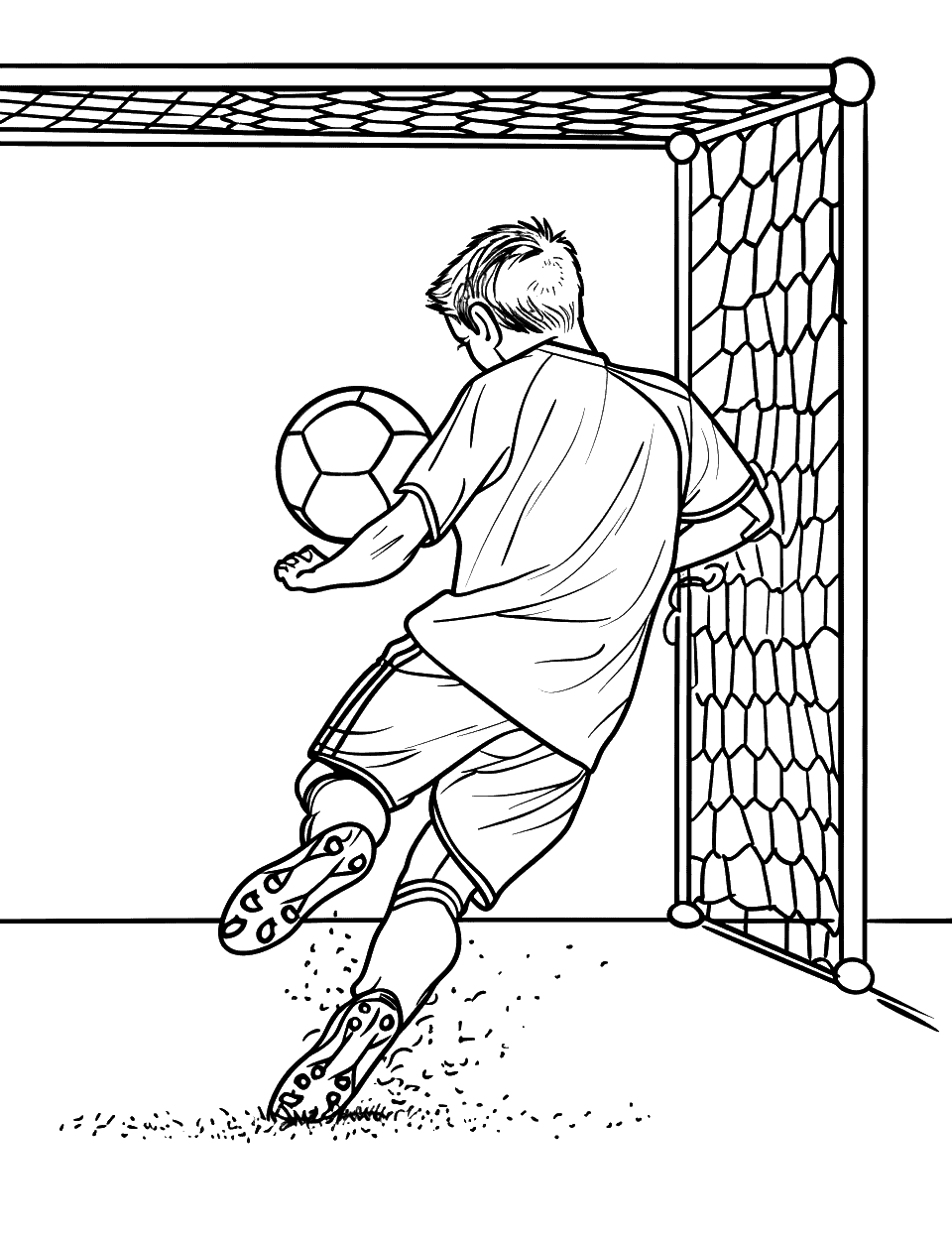 Soccer Player Scoring a Goal Coloring Page - A soccer player in the moment of kicking the ball into the net for a goal.