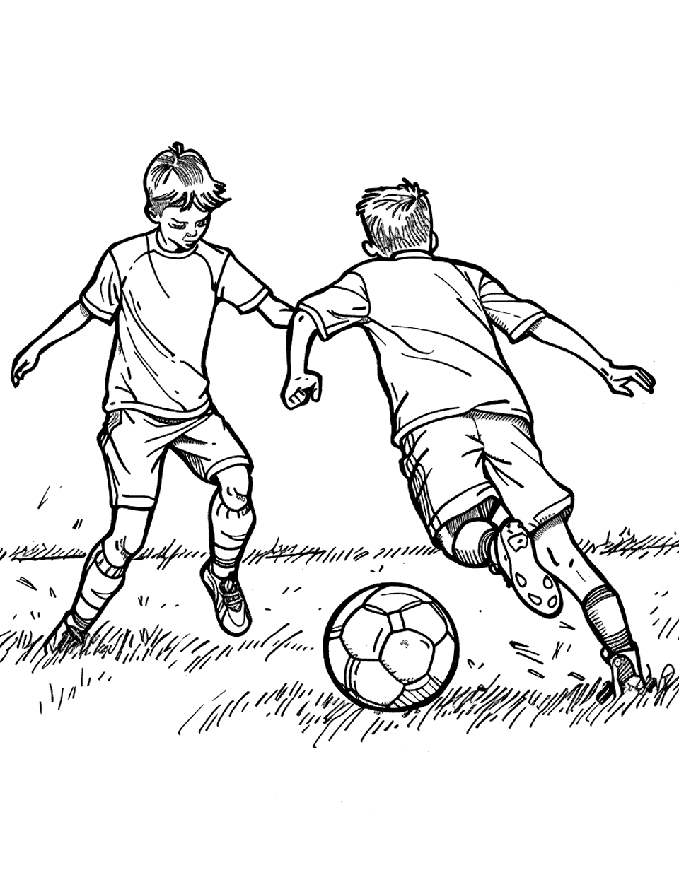 Football Training Session Soccer Coloring Page - Kids in football gear practicing in a sunny field.