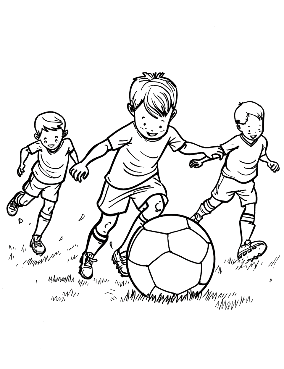 Youth Soccer Match Coloring Page - Young children playing soccer on a small field, showing teamwork and enjoyment.