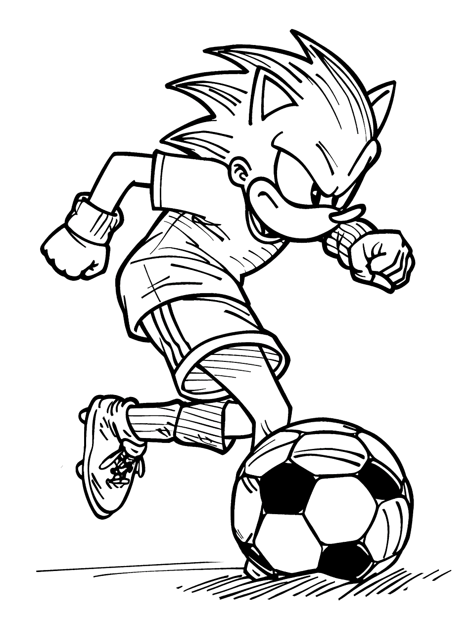 Sonic Playing Soccer Coloring Page - Sonic the Hedgehog dribbling a soccer ball down the field.