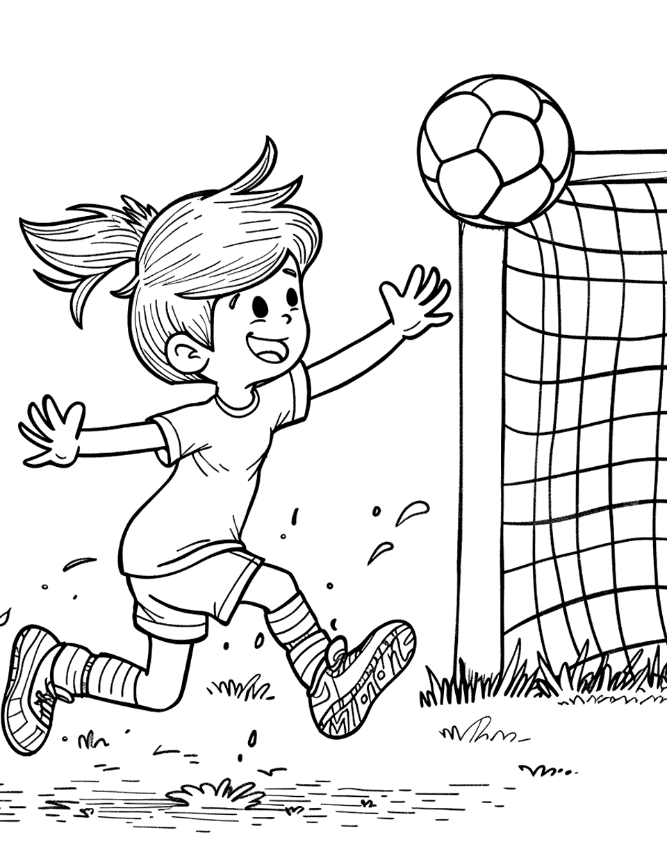Soccer Goal Celebration Sports Coloring Page - A child kicking a soccer ball into the net, with arms raised in victory.
