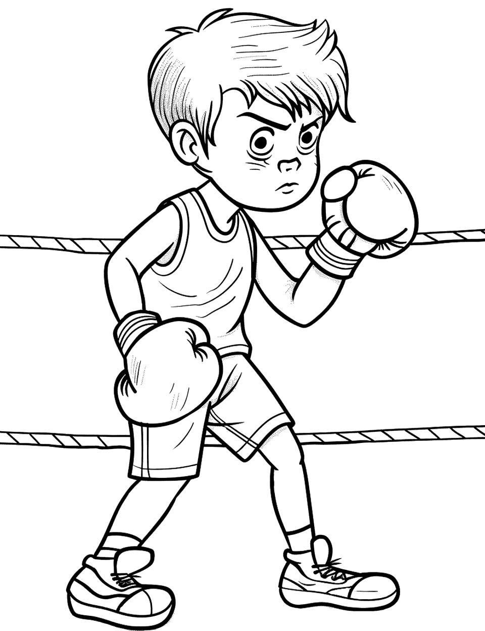 Boxing Match Begin Sports Coloring Page - A boxer in the ring, gloves up, ready to start the match.