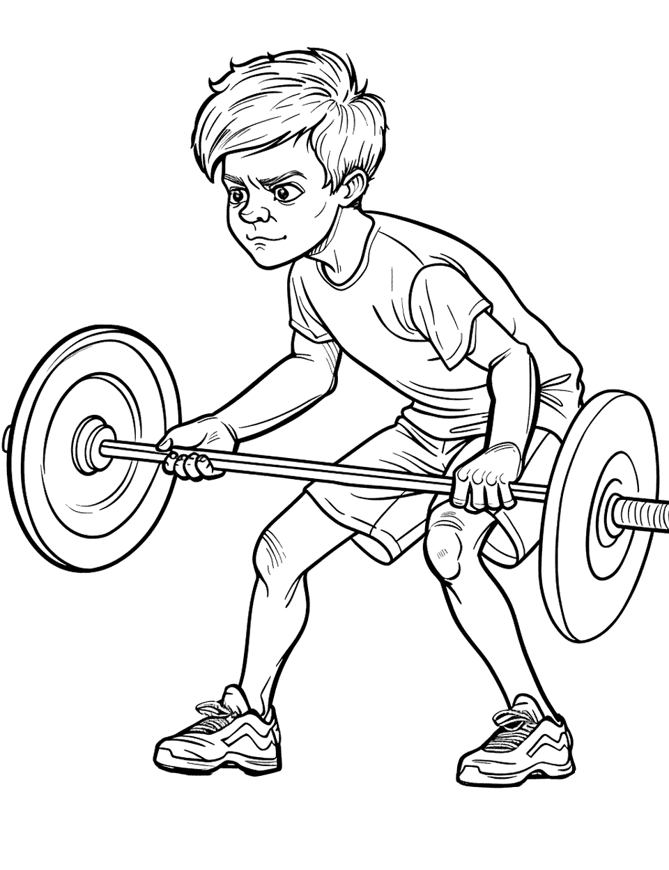 Powerlifting Determination Sports Coloring Page - A powerlifter lifting a heavy barbell with focus and determination.