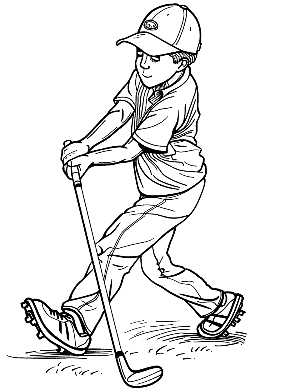 Golf Swing Sports Coloring Page - A golfer swinging a club, practicing golf play.