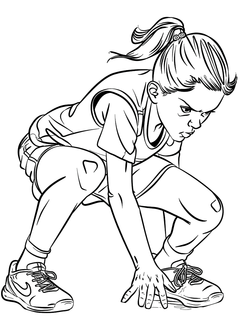 Olympic Sprinter at the Start Sports Coloring Page - Sprinter crouched at the starting line, ready for the gunshot to start the race.