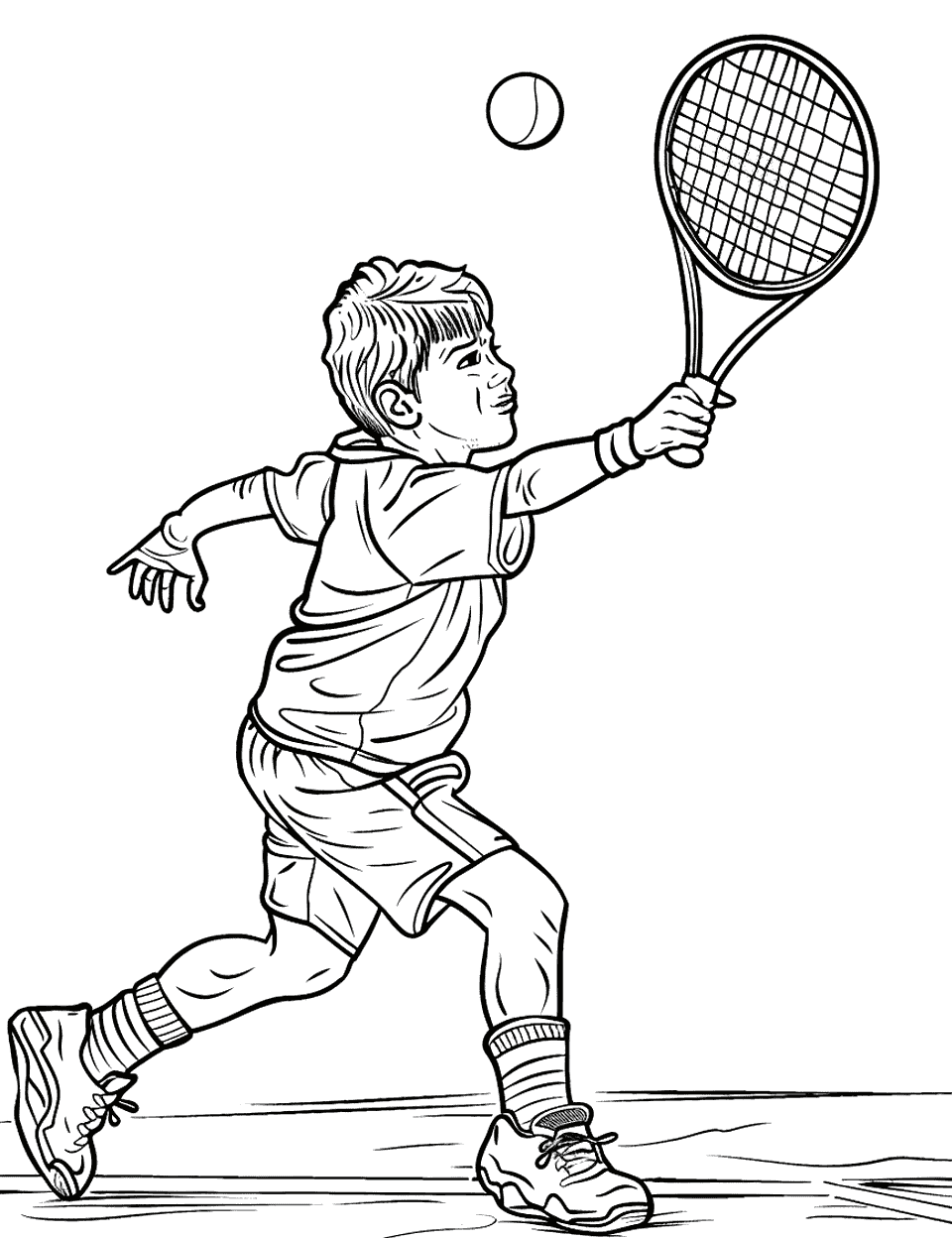 Tennis Match Sports Coloring Page - A tennis player playing tennis ready to return the tennis ball to his opponent.
