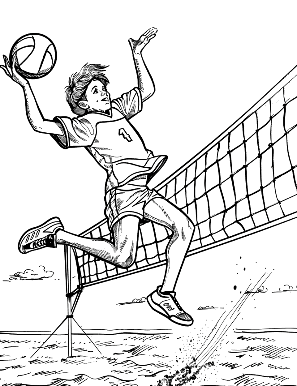 Volleyball Beach Spike Sports Coloring Page - A player jumping to spike a volleyball on the beach, with the net in view.