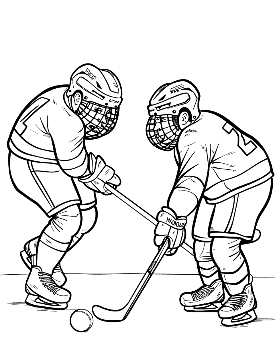 Hockey Face-Off Sports Coloring Page - Two hockey players facing off at the the game, with the puck between them.
