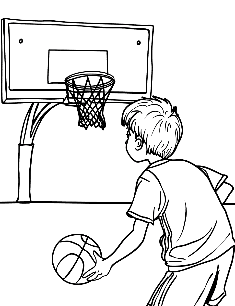 Basketball Free Throw Sports Coloring Page - A young player focusing on making a free throw, with the basketball hoop in the background.