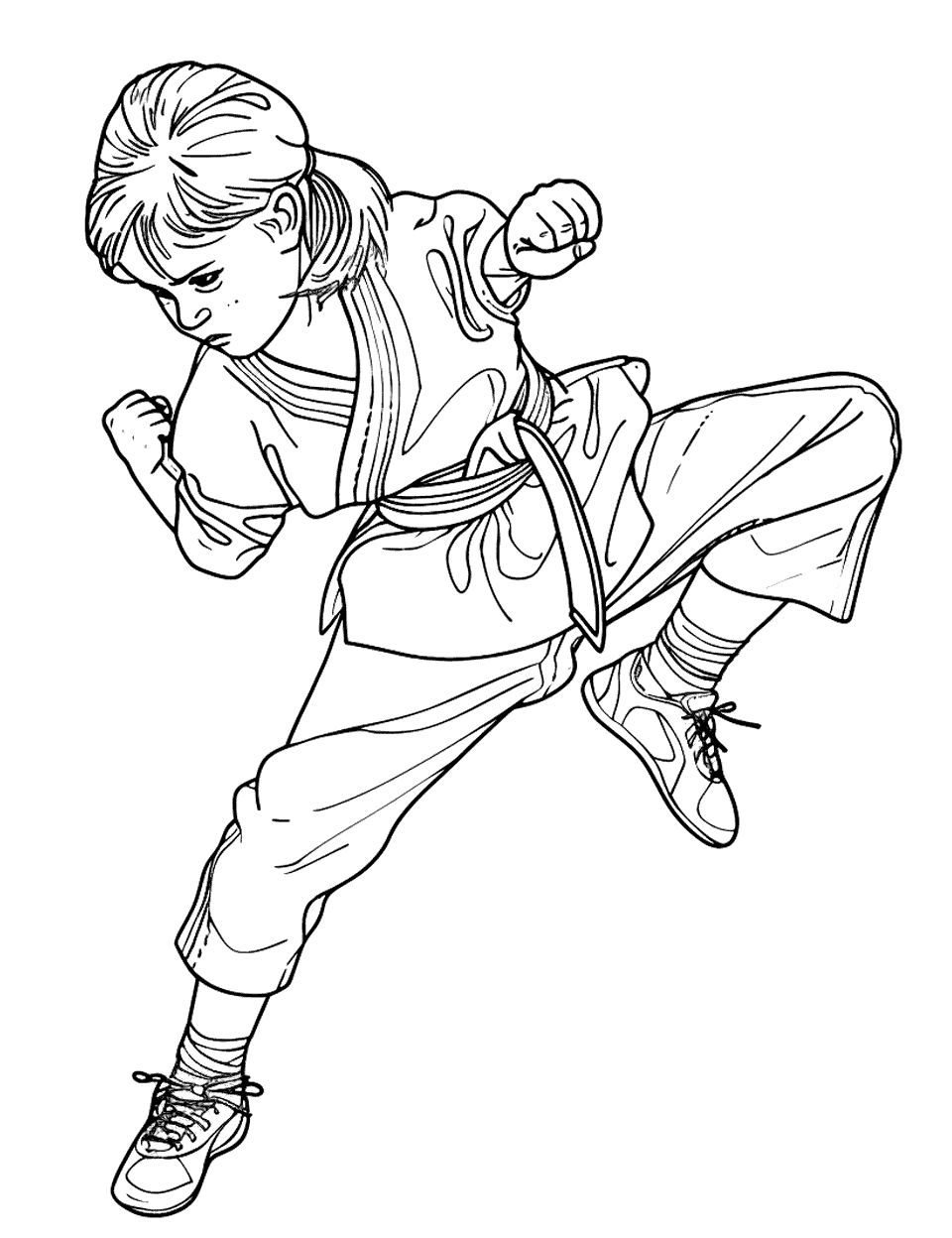 Karate Kid in Action Sports Coloring Page - A child in a karate uniform performing karate moves.