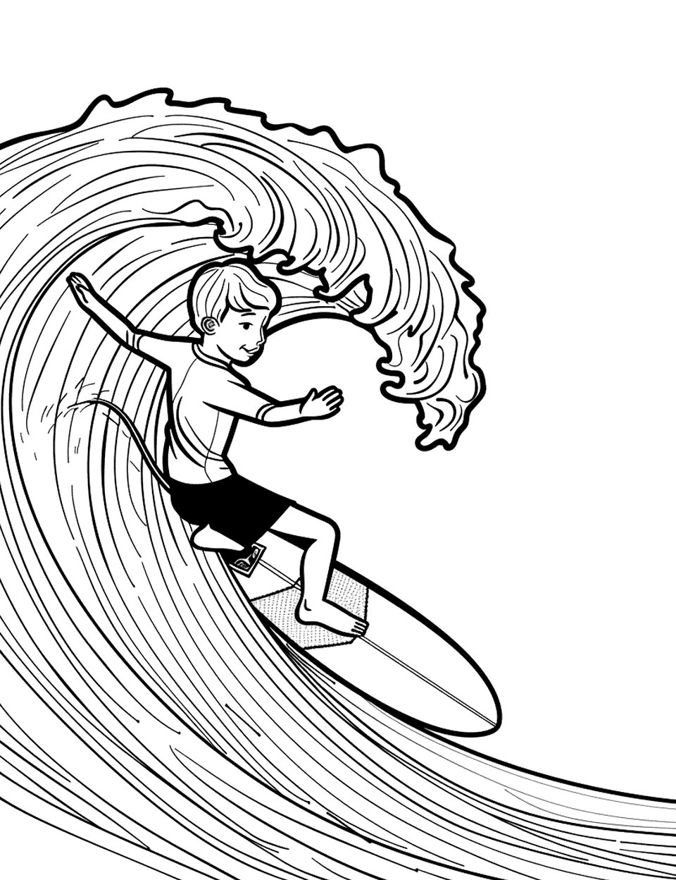 Surfing the Big Wave Sports Coloring Page - A surfer riding a large wave, with the sun setting in the background.