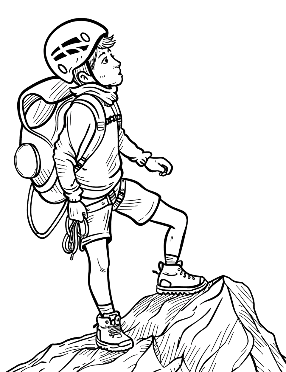 Mountain Climbing Adventure Sports Coloring Page - A climber reaching the top of a small mountain, with safety gear on.