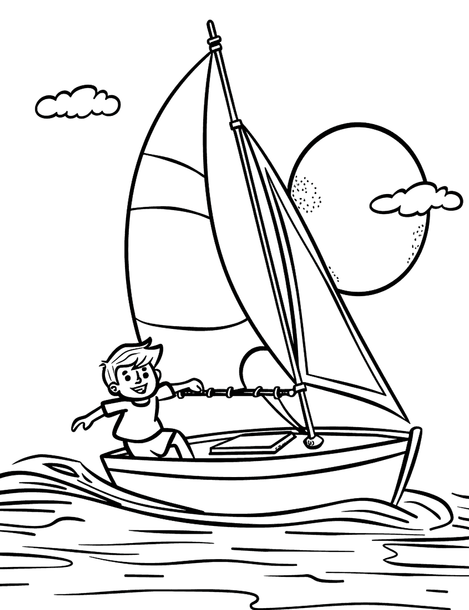 Sailing Into the Sea Sports Coloring Page - A small sailboat with a simple sail, moving on calm waters.