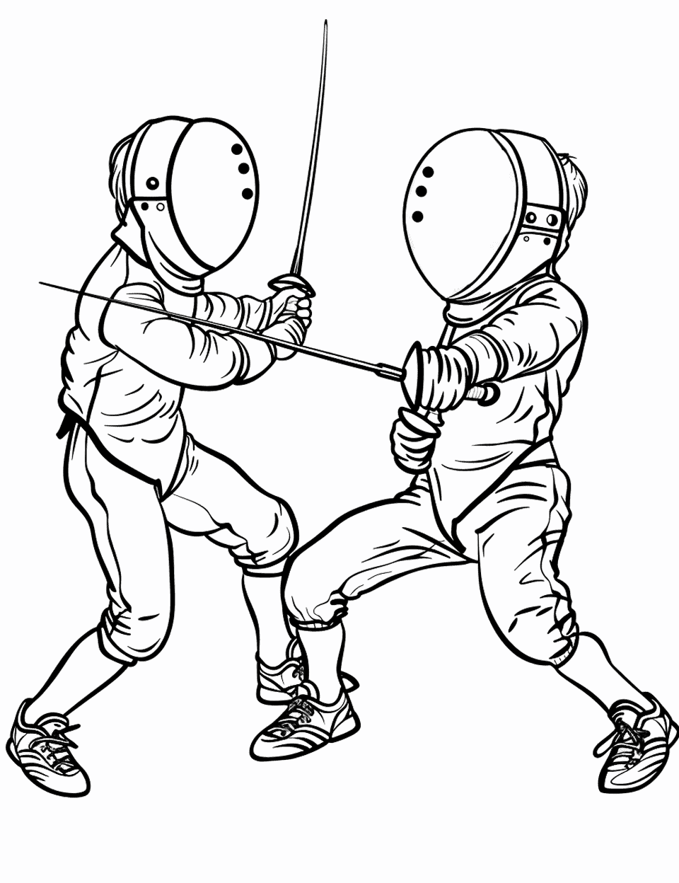 Fencing Duel Sports Coloring Page - Two fencers wearing full fancing gear dueling each other in a fencing match.
