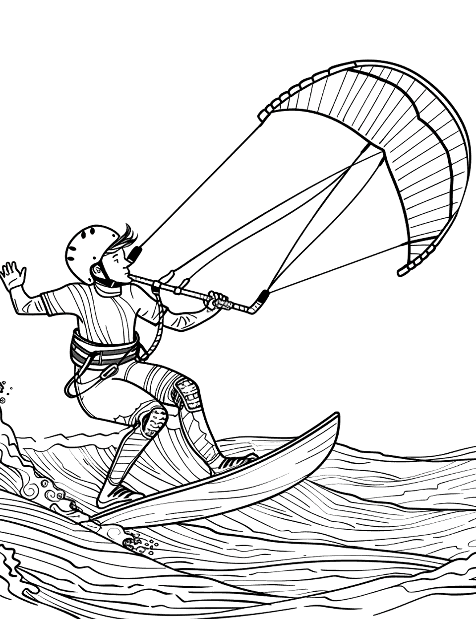 Kite Surfing on the Waves Sports Coloring Page - A kite surfer gliding on the water, pulled by a kite.