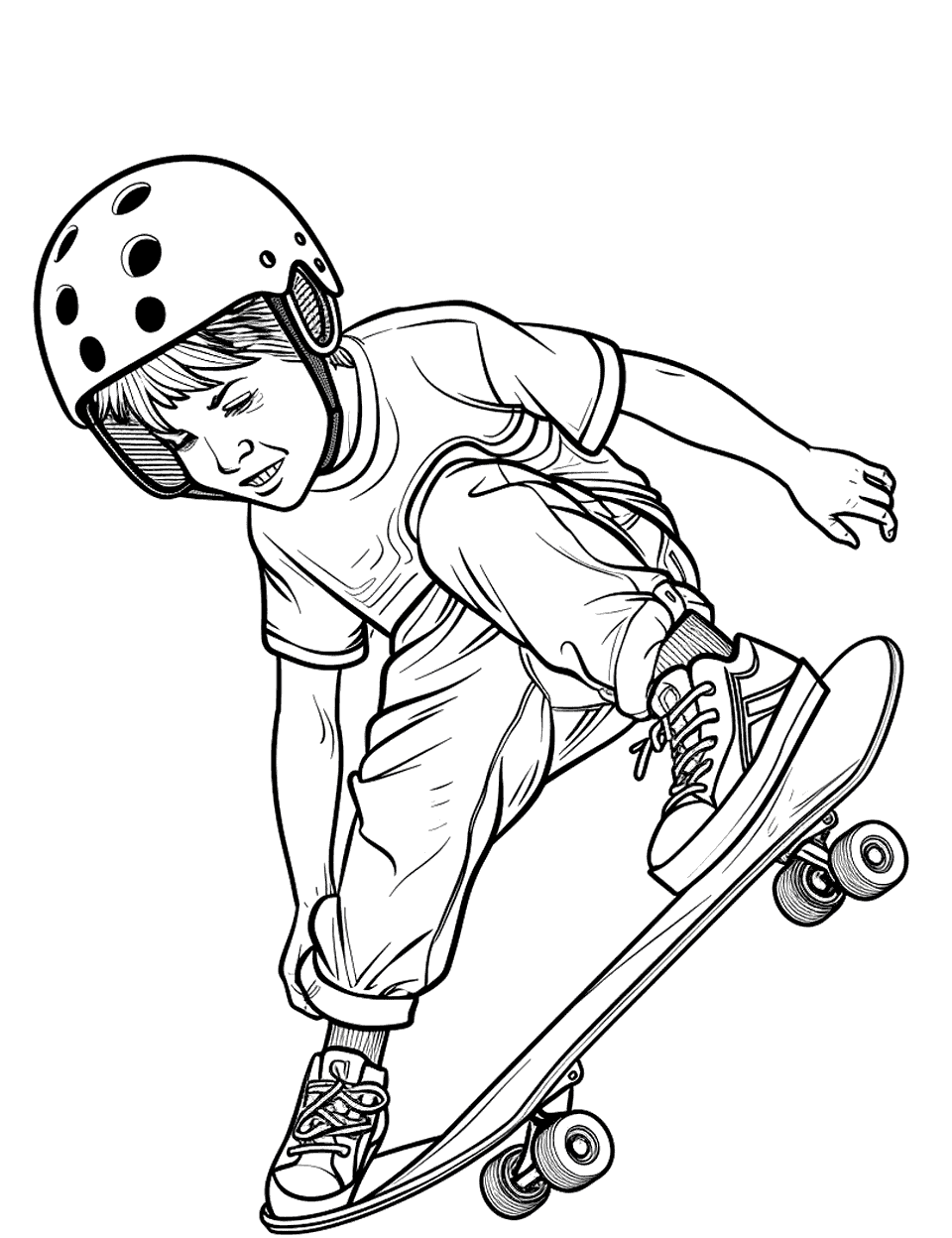 Skateboard Tricks in the Park Sports Coloring Page - A kid performing a kickflip on a skateboard at a skate park.