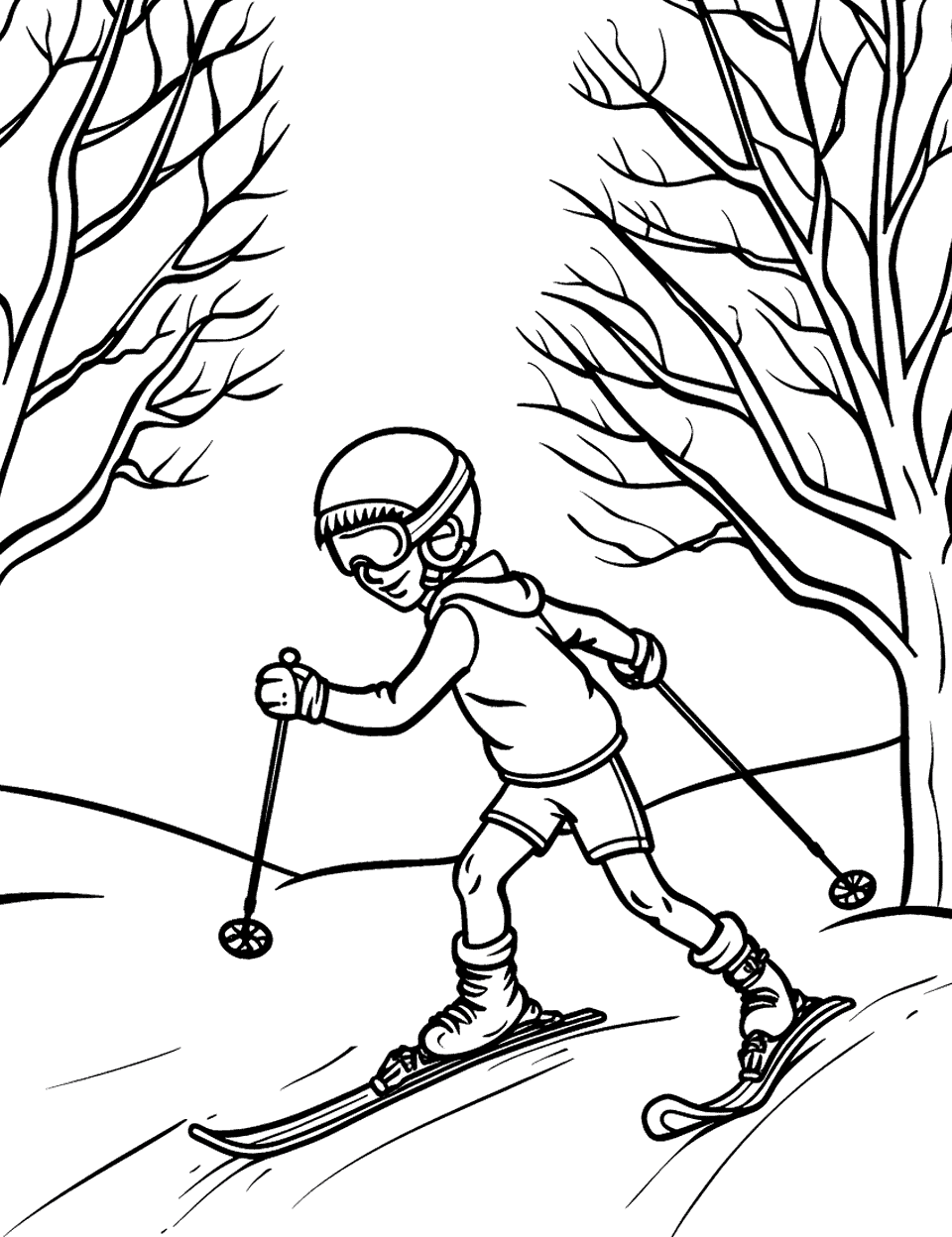 Winter Wonderland Skiing Sports Coloring Page - A person skiing down a gentle slope with snow-dried trees on either side.