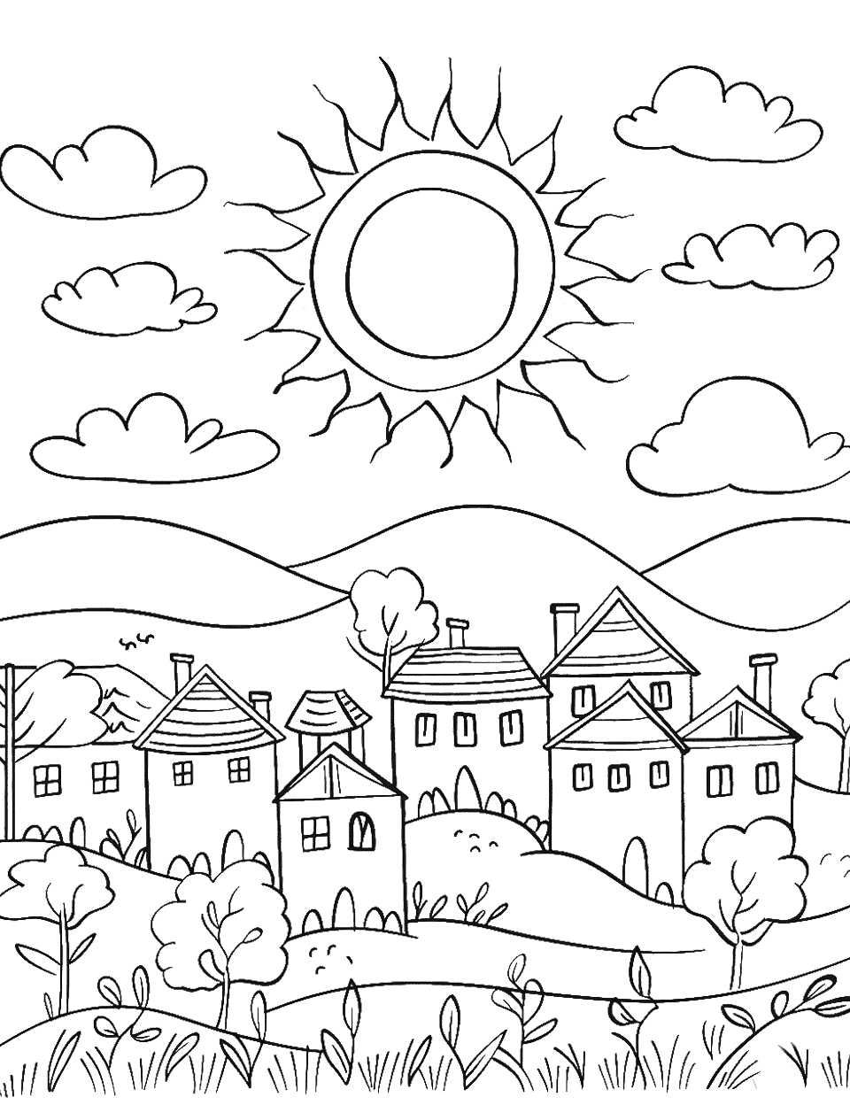 Sunny Morning in the Village Sun Coloring Page - A sun rising over a quiet village with houses and a few trees.