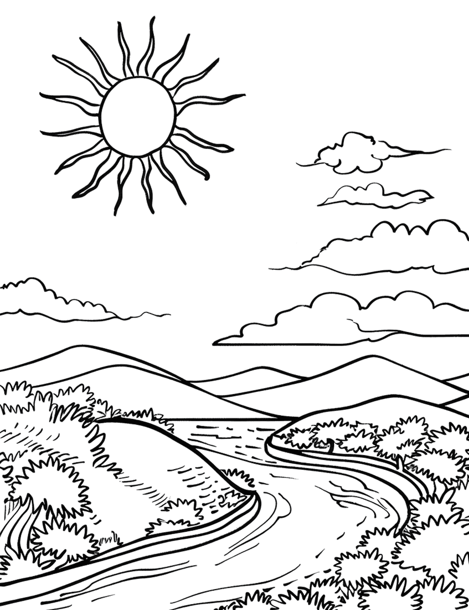 Valley Sunrise Sun Coloring Page - The sun rising over a lush valley, with a river winding through it.