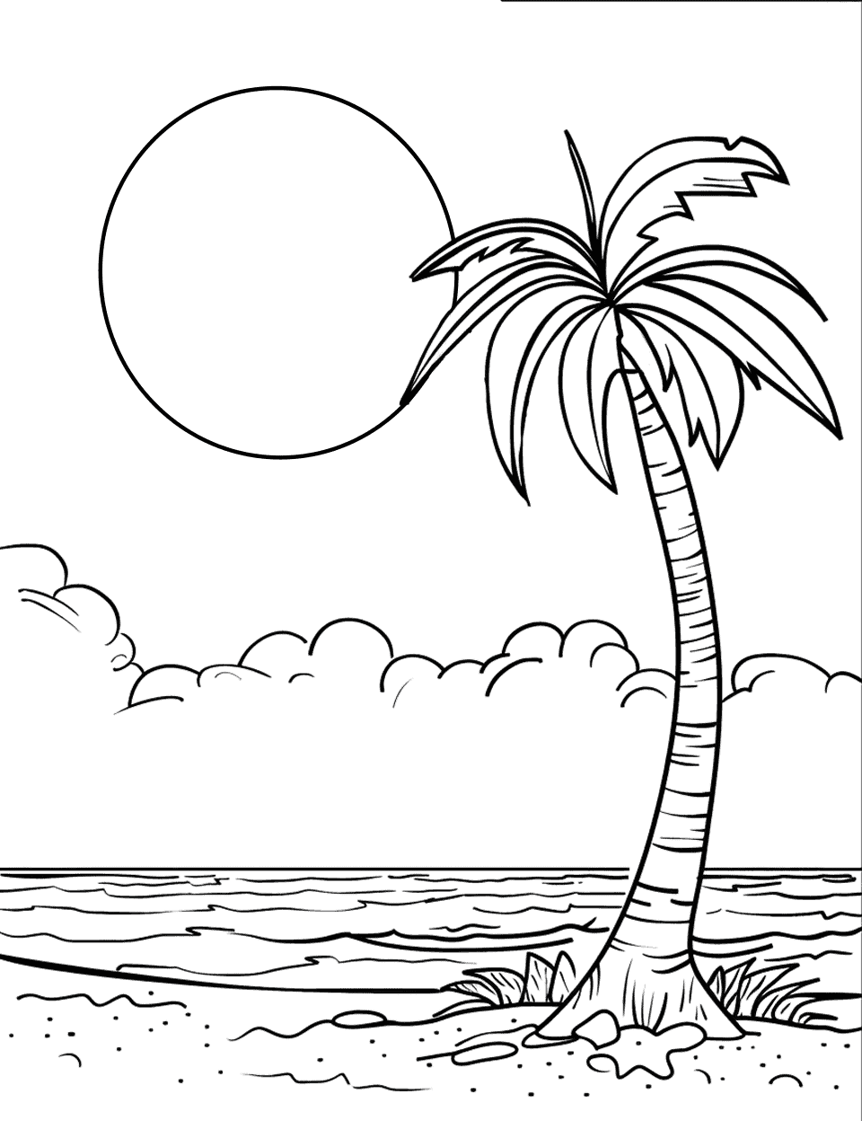 Sun and Single Palm Tree Coloring Page - A solitary palm tree under the bright sun on a sandy beach.