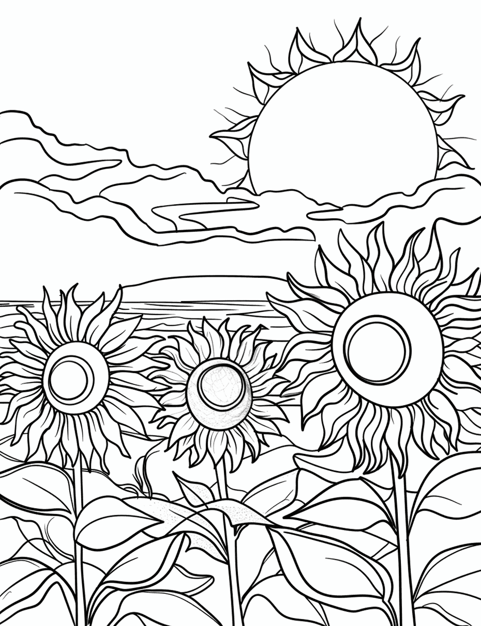 Sunflower Field at Dawn Sun Coloring Page - A field of sunflowers facing the rising sun at dawn.