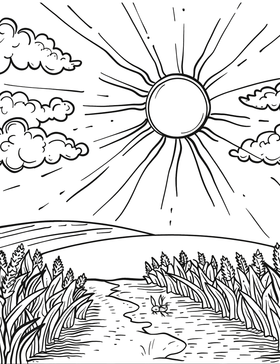 Summer Sun over a Cornfield Coloring Page - The blazing summer sun shining down on a vast cornfield.