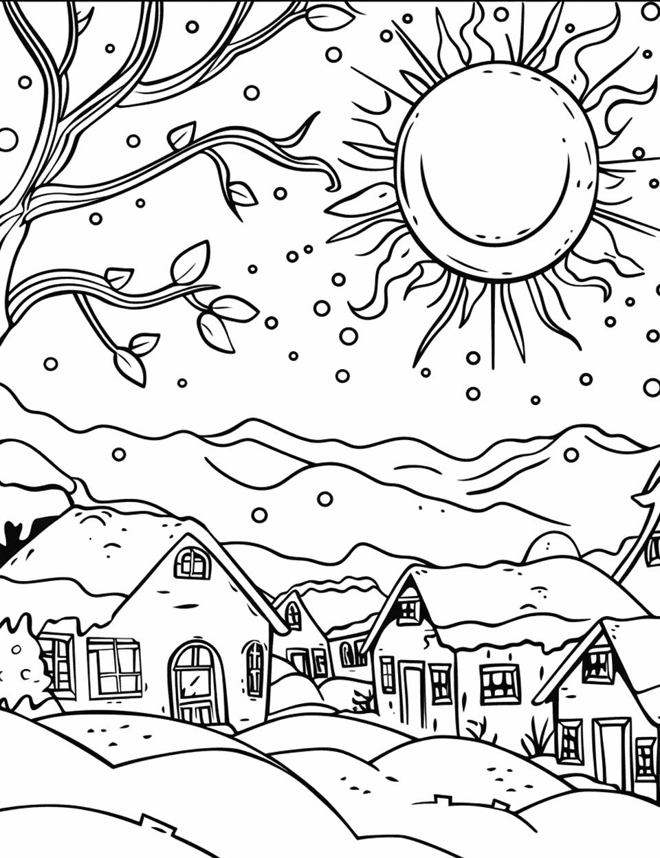 Snowy Village under Winter Sun Coloring Page - A small village covered in snow, with a weak winter sun hanging low in the sky.