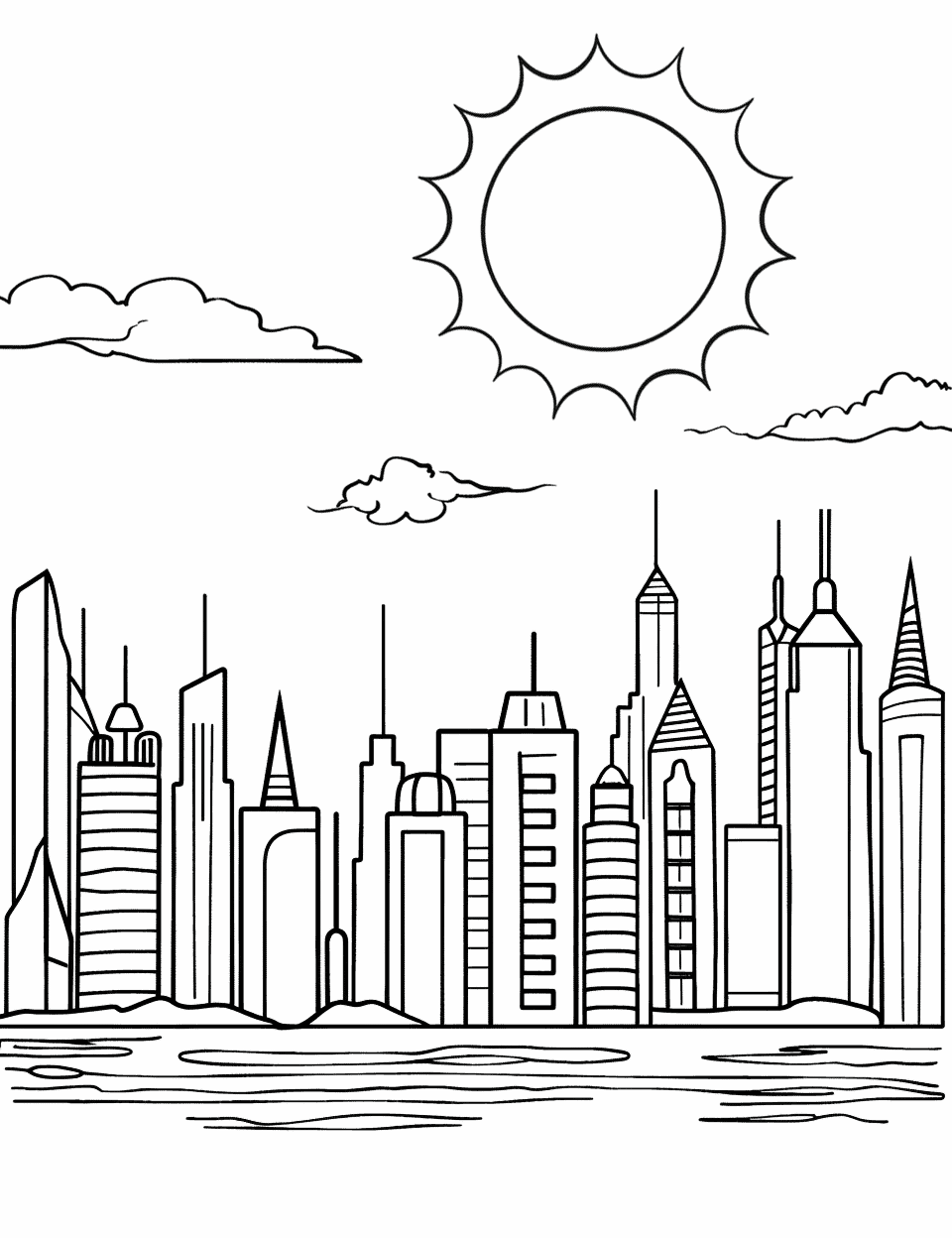 City Skyline under a Sunny Sky Sun Coloring Page - A city skyline with the sun shining brightly above it.