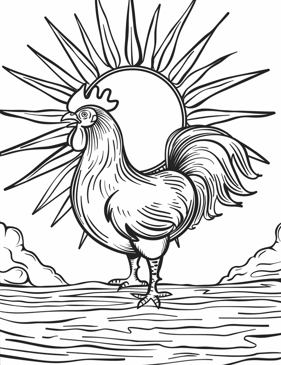 Morning Sun and Rooster Coloring Page - A rooster crowing as the morning sun rises behind it.