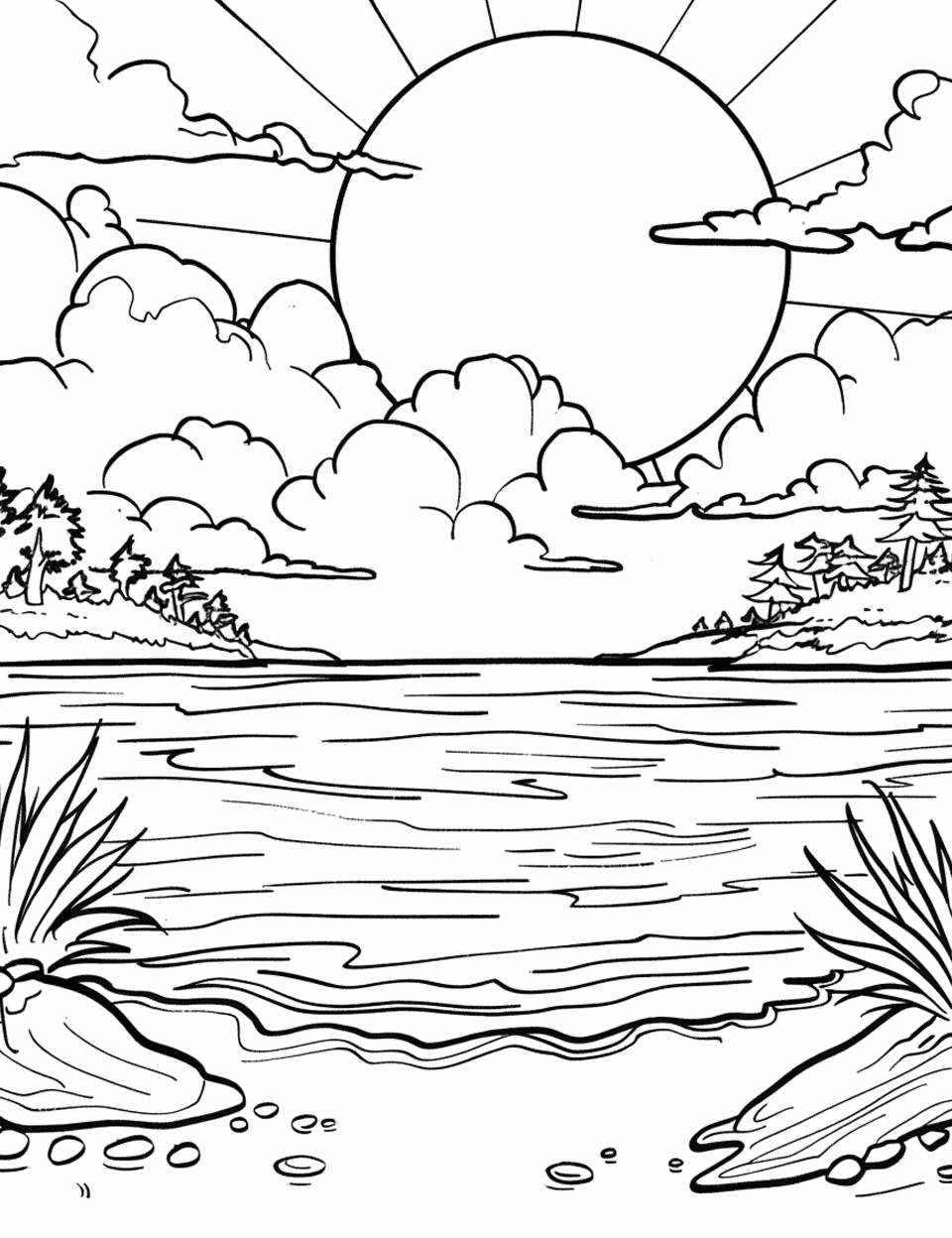Sunset at the Lake Sun Coloring Page - A serene scene of the sun setting over a calm lake.