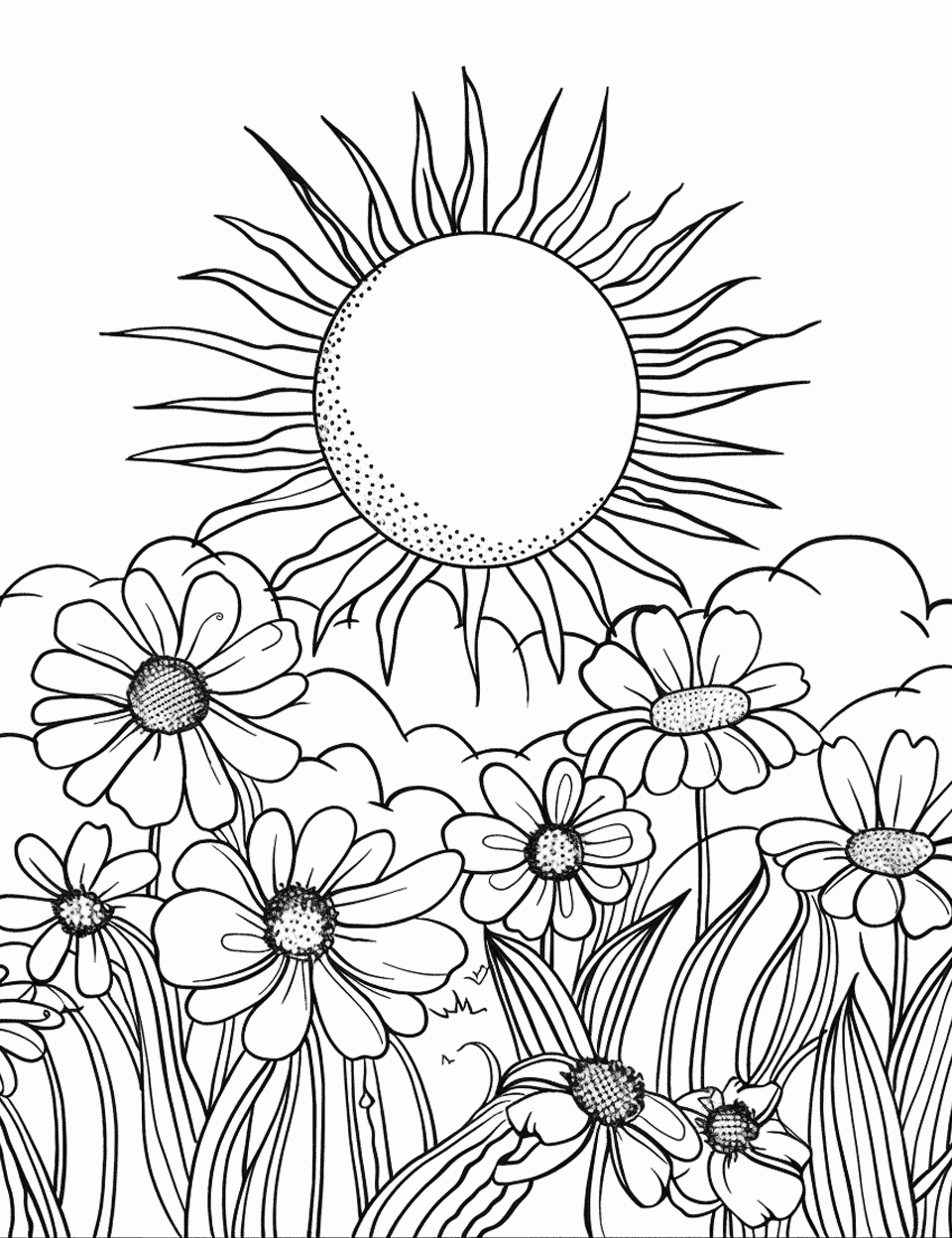 Sun Over a Blooming Meadow Coloring Page - A warm sun shining over a meadow full of wildflowers.