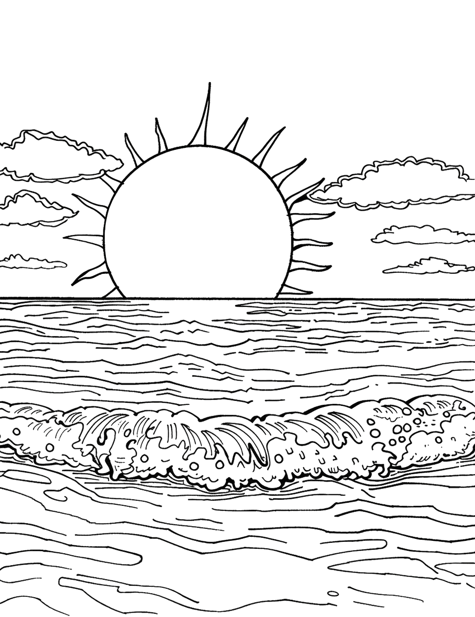 Dawn over the Ocean Sun Coloring Page - The early morning sun casting light over the ocean.
