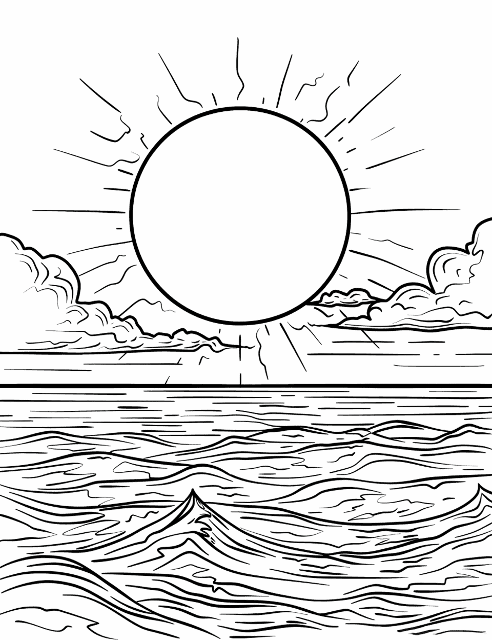 Ocean Sunset Sun Coloring Page - The sun is setting over the ocean, casting hues across the water.