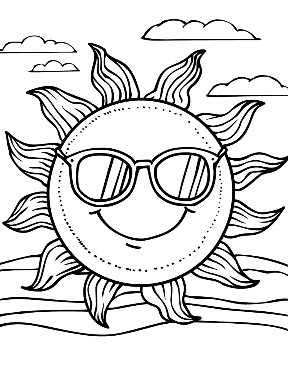 Cute Sun Wearing Sunglasses Coloring Page - A cute sun wearing sunglasses and smiling brightly.