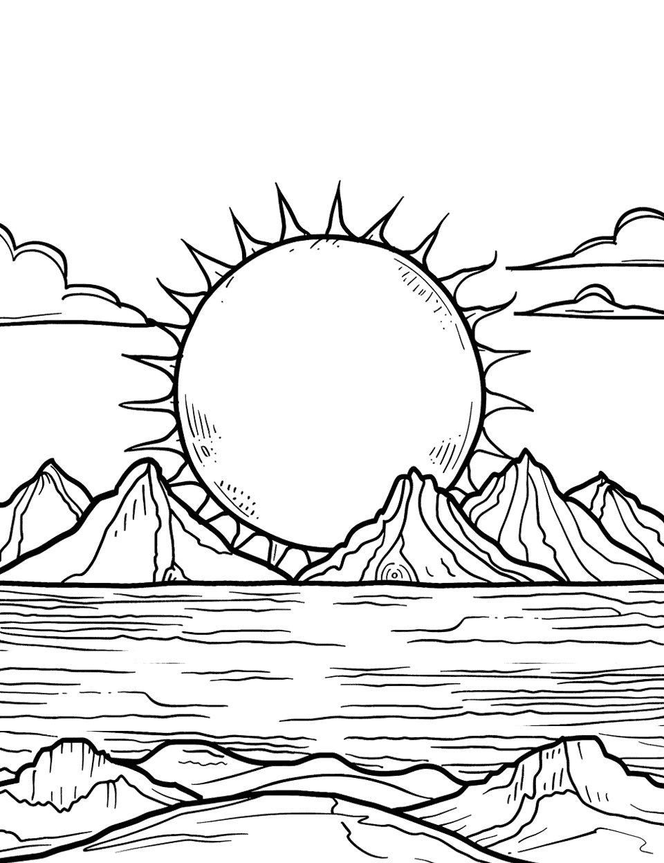 Sun Peeking Behind Mountains Coloring Page - The sun peeking behind towering mountains at sunrise.