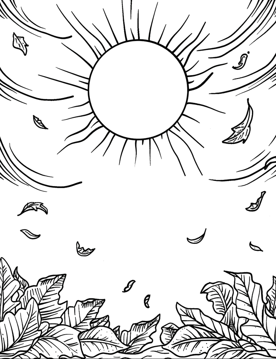 Sun and Falling Autumn Leaves Coloring Page - The sun shining through falling autumn leaves.