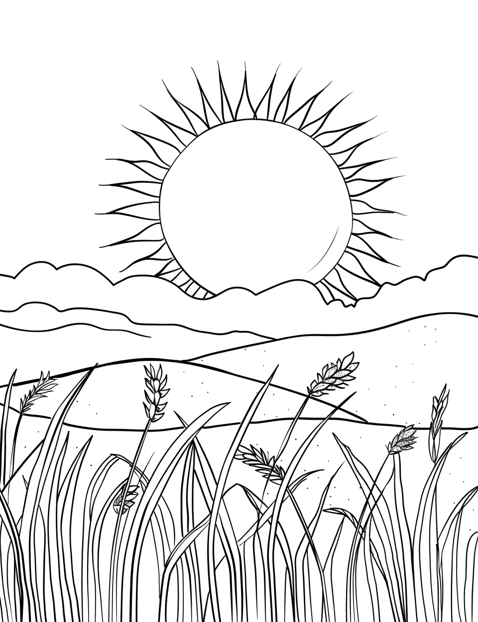Sun and a Gentle Breeze Coloring Page - The sun shining down on fields with a gentle breeze moving the grass.