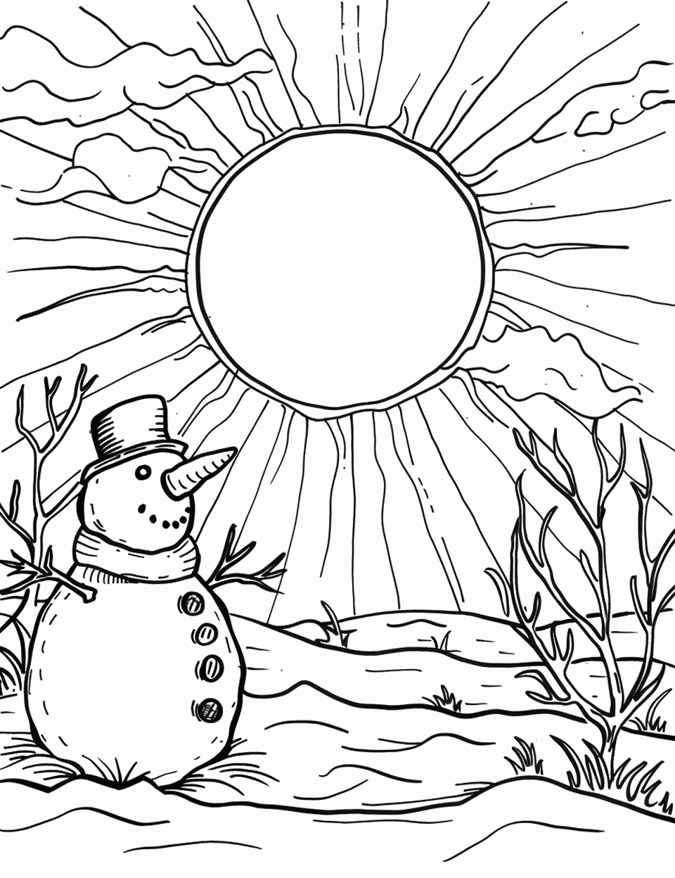 Winter Sun and a Snowman Coloring Page - A snowman standing in a field with the low winter sun in the background.