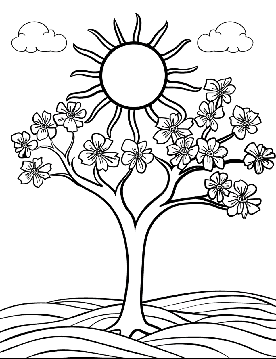 Spring Sun and Blooming Cherry Trees Coloring Page - Cherry trees in full bloom under the warm spring sun.
