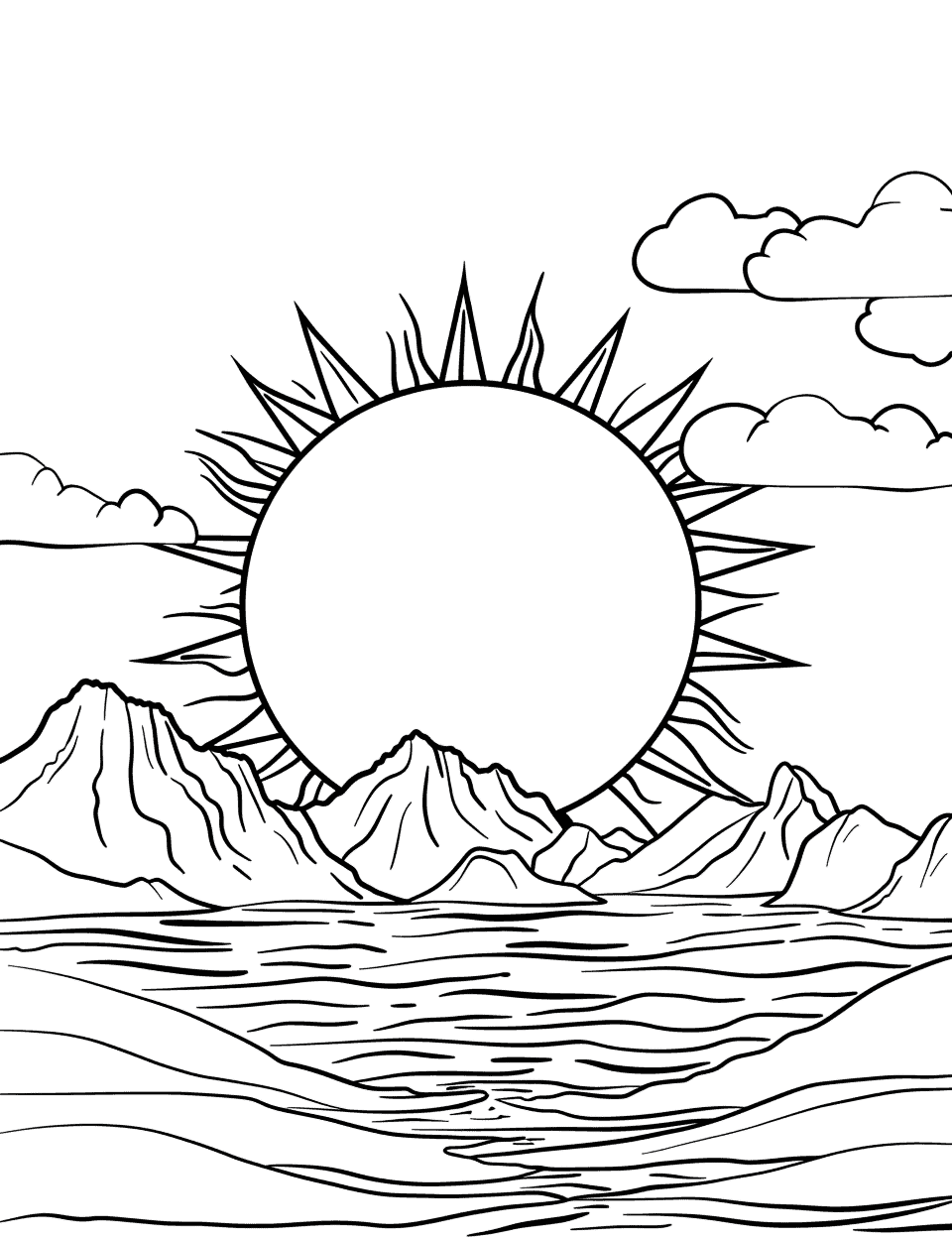 Winter Sun Over Mountains Coloring Page - A low winter sun shining over snow-covered mountains.