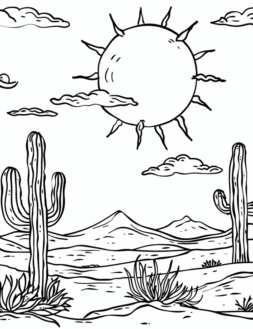 Desert Sun at Noon Coloring Page - A bright sun blazing down on a desert landscape with a few cacti.