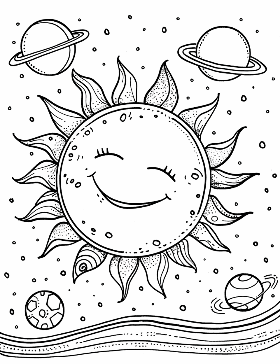 Solar System Exploration Sun Coloring Page - Planets orbiting around a large, smiling sun in the center.